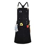 QeeLink Flame resistant Waxed Canvas Work Apron with 10 Pockets, Cross-Back Straps & Adjustable M to XXXL Welding Apron, Black, 24 x 36 inch