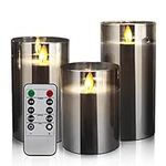 LED Candles Flameless Candles 4" 5" 6" Set of 3 Real Wax Light, Battery Operated Candles Gray Glass Pillars Realistic Flickering Wick Flame Mode, Lantern Candles with Remote Control 24 Hour Timer