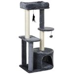 PawHut 100cm Cat Tree for Indoor Cats, Cat Tower Condo for Kittens with Cat House Sisal Scratching Posts, Hanging Ball Toys, Perches - Grey