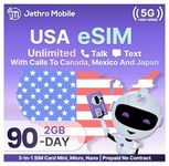 Jethro Mobile - eSIM USA for Canadian Travelers, Unlimited Talk, Text, & 2GB Data, Uses T-Mobile Network, 90 Days Service with Easy Activation and International Calling to Canada