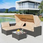 GarveeTech Patio Furniture Set, 6pcs Outdoor Rattan Wicker with Retractable Canopy & Soft Cushions, Sectional Sofa & Table with Storage, for Balcony, Porch, Garden, Backyard, Beige Cushions