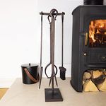 CHARLES BENTLEY Companion Tool Set, Snug, Maple, Fireside, Companion Set, Iron, Black, Traditional, Black Tool Stand, Tongs, Poker, Shovel, Brush, Fireplace, Fireplace Tools, Rustic (70x23x22cm)