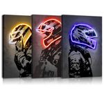 Sorventina Racing Superstar Wall Decor Canvas Prints- 3pcs Set Sports Painting Art Decor, Neon Racing Driver and Motorcycle Wall Art for Bedroom Living Room Home Decor, Wrap Framed(colorful, 16x24)