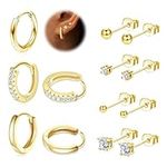 LOLIAS 7 Pairs Gold Earrings for Women 925 Sterling Silver Gold Huggie Hoop Earrings and Zirconia Studs 14k 9ct Gold Plated Multiple Piercing Hypoallergenic Cartilage Sleep Earring for Women Girls