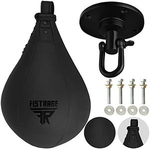 FISTRAGE Speed Ball Boxing Bag Leather MMA Muay Thai Training Punching Dodge Striking Kit with Free Hanging Swivel Workout Speedball Kicking Platform Equipment (Matte Black)