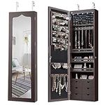 CASART Wall & Door Mounted Jewellery Cabinet, 5 LED Lighted Lockable Jewelry Armoire with Full-Length Mirror, Adjustable Hanging Storage Makeup Box Jewelry Organizer (Brown)