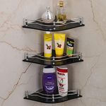 U-S-F BATH ACCESSORIES 9X9 Inch Corner Glass Shelf For Bathroom, Corner Stand For Bathroom Racks & Shelves Wall Mounted, Living Room Corner Shelf Bathroom Accessories (Pack Of 3) Black Flower