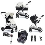 Babymore Mimi Travel System Coco i-Size Silver Car Seat with ISOFIX Base - 3 in 1 Pram Pushchair, Easy Folding & Convertible Carrycot to Pushchair Seat with Adaptor, Foot Muff, Rain Cover & Cup Holder