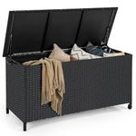 RELAX4LIFE 85-Gallon Deck Box with Wheels - Wicker Rattan Storage Bin Container w/Waterproof Liner & Gas Strut for Patio Cushions, Garden Tools, Pool Supplies, Indoor Outdoor Storage Box (Black)