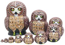 Cute Vivid Big Belly Shape Red Round Eyes Brown Owl Handmade Wooden Russian Nesting Dolls Matryoshka Dolls Set 10 Pieces for Kids Toy Birthday Home Decoration