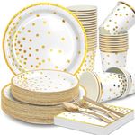 White Gold Paper Party Supplies-50 Paper Plates,50 Dessert Plates,50 Napkins,50 Cups,50 Knives,50 Forks,50 Spoons,Disposable Paper Tableware Set,Holiday,Wedding,Birthday,Party Decoration