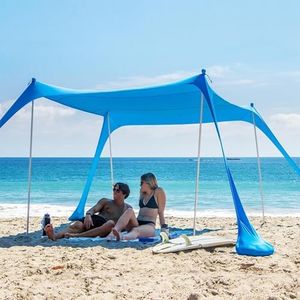 AMMSUN Beach Tent Portable Sun Shelter,9ft X 9ft Beach Canopy Easy Setup, Lycra Sun Shelter UPF50+ Protection beach shade 4 Sand Bags 4 Alu Poles with Sand Shovel for Family Beach Camping Outdoor Blue