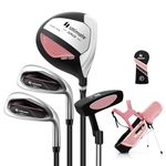 Tangkula Kids Golf Club Set for Children Age 5-7 Right Hand, Junior Complete Golf Club Set with 205CC #3 Fairway Wood & #7/#S Irons & Putter, Head Cover & Rain Hood, Golf Stand Bag (Pink)