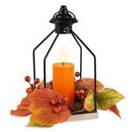 Rhytsing Harvest and Thanksgiving Table Centerpieces, Decorative Lantern with Real Wax Orange LED Candle and Autumn Candle Ring, Battery Metal Hanging Lanterns with Timer Function