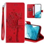 for Samsung Galaxy A54 5G Case,Galaxy A54 5G Wallet Case,Flip Case PU Leather Emboss Love Tree Cat Flowers Wrist Strap Credit Card Folio Kickstand Cover for Samsung Galaxy A54 5G Red