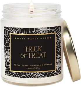 Sweet Water Decor Trick or Treat Candle, Autumn Scented Notes of Pumpkin, Spices, & Caramel, 40+ Hour Burn Time, Non-Toxic Soy Wax Blend, Poured in the USA, Cotton Wick, 9oz Glass Jar with Gold Lid