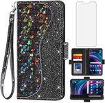 Asuwish Phone Case for Tracfone BLU View 3 B140DL Wallet Cover with Screen Protector and Wrist Strap Flip Credit Card Holder Bling Glitter Stand Cell Accessories Blue View3 140DL Women Girls Black