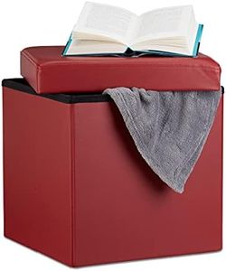 Relaxdays Folding Ottoman 38 x 38 x 38 cm Sturdy Storage Chair Pouf and Footstool, Faux Leather Box, Removable Lid, Dark Red