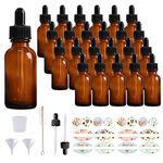 Comrzor 24 Pack 1oz Amber Glass Bottles with Glass Eye Droppers for Essential Oils, Perfumes & Lab Chemicals (Brush, Funnels, 2 Extra Droppers, 36 Pieces Labels & 30ml Measuring Cup Included)