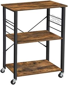 VASAGLE Kitchen Shelf on Wheels Serving Trolley with 3 Shelves Metal Frame with 6 Hook Rustic Brown KKS60XV1