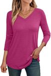 AUTOMET Womens 3/4 Length Sleeve Tops V Neck Shirts Casual Basic Trendy Tee Business Work Blouses Tunic Spring Summer Top Rosered Small