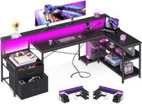 ODK L Shaped Desk with File Drawer, 75" Reversible L Shaped Computer Desk with Power Outlet & LED Strip, Office Desk with Storage Shelves, Gaming Desk with Monitor Shelf, Corner Desk, Black