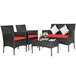 DORTALA 4 Pieces Patio Furniture Set, Rattan Conversation Set with Coffee Table & Cushions, Outdoor Wicker Sofa Set for Poolside, Backyard, Red