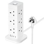 Tower Extension Lead with USB Slots, Hotimy 12 Way Extension Tower Surge Protection with 4 USB Slots (2 Type C & 2 USB A) Multi Plug Tower Power Strip 3250W 13A Extension Cord 2M for Phone,Tablet, TV