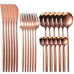 Rose Gold Cutlery Set, 24-Piece Home Safety Stainless Steel Silverware Set, Mirror Polished Flatware Set for 6 Diners, Includes Steak Knives, Forks, Spoons, Teaspoon, Dishwasher Safe, with Gift Box