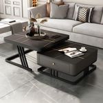 Zamofy Modern Marble Finish Set of Coffee Table 2 Piece, Nesting Stacking Tea Table Stylish Square Center Table with Drawer Metal Frame Perfect for Living Room (Black & Black)