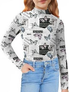 Arshiner Girls Basic Long Sleeve Tops Lightweight Mock Neck T-Shirts Slim Fit Soft Layer Blouse Shirts Butterfly Print 11-12 Years