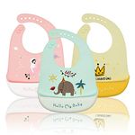 Baogaier Bibs Silicone Baby, 3 PCS Waterproof Weaning Bib for Babies Toddlers with Food Catcher Pocket, Soft Roll Up Easy Wipes Clean Plastic Feeding Bibs for Newborn Girl, Pink Blue Yellow