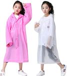 RUISHYY Kids Rain Poncho, Reusable EVA Children Raincoat for 6-13 Girls Boys, Waterproof Rain Jackets Rainwear with Hood, Pink+white