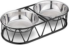 Navaris Steel Pet Bowl Set - Double Food Water Bowls for Cats, Small Dogs and Puppies with Metal Stand - Set of 2 Bowls