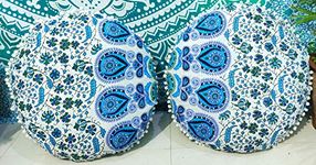 Indian craft castle 24" Barmeri Large Floor Pillow Cover Cushion Meditation Seating Ottoman Throw Cover Hippie Decorative Zipped Bohemian Pouf Ottoman Pom Pom Cases 24 " round set of 2 (Sky Blue Mirchi)