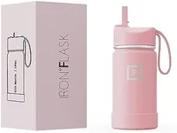 IRON °FLASK Kids Water Bottle - Straw Lid, 20 Name Stickers, Vacuum Insulated Stainless Steel, Double Walled Tumbler Travel Cup, Thermos Mug - Rose, 14 Oz