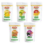 NUICK Combo of Freeze Dried Mango Chunks, Chikoo Slices, Custard Apple Chunks, Jamun & Peri-Peri Corn | 23g x 4 + 34.5g | Not Baked, Not Fried, Not Frozen | Nutritious and Crunchy Snack