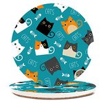 Ceramic Cup Holders Car Coasters for Women/Men,Funny Cats Absorbent Drink Cup Car Holder Coasters with A Finger Notch 2.56" Pack of 2,Cartoon Cute Cat with Fishes