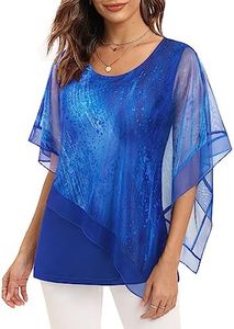 SeSe Code Women's Elegant Mesh Blouses Flowy Poncho Tops Dressy Casual Shirts, Starry Blue, X-Large