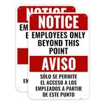 2PC Employees Only Beyond This Point Sign Bilingual, 10 x 7 Inches - Aluminum - No Customers Allowed In Work Area Sign For Door