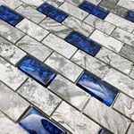 Hominter Navy Blue and Gray Glass Stone Tile in 1x2 Subway Pattern Polished Marble Mosaic for Kitchen Backsplashes Accent Walls and Bathroom Shower Tiles (5 Square Feet)