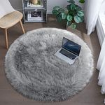 Tangsoo Round Faux Fur Rugs, Sheepskin Round Rug 3ft, Grey Soft Small Circle Rug, 3x3 Fuzzy Plush Fur Rug, Shag Circular Rug Floor Carpet for Bedroom, Kids Room, Nursery, Girls Room, Dorm