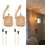 Frideko Plug in Wall Sconces Set of 2 Hand Woven Lamp with Cord Rattan Lights Farmhouse Sconce Mounted Light Boho Lighting for Bedroom Living Room