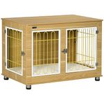 PawHut Dog Crate Furniture, Side End Table, Indoor Dog Kennel with Soft Washable Cushion, Wire Mesh, Large Top, for Medium and Large Dogs, 90 x 58 x 65, Oak Tone