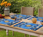 Home Bargains Plus Blue Sun Rectangle Fabric Placemats, Set of 4 Placemats, Wrinkle, Water and Stain Resistant Mediterranean Placemats, Sea Shells and Seahorses