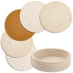 Trivets for Hot Dishes, Trivets for Hot Pots and Pans, Cotton Coasters 5 Pcs and Storage Basket 1 Pack, Pot Holders for Kitchen, Hot Pads for Table, Hot Mats Protect Countertops (Brown 5 Pcs)