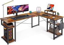 ODK Corner Desk with Storage, L Shaped Desk with Hook, Computer Gaming Desk with Monitor Stand, Vintage Brown 168×120 cm