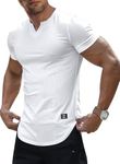 JMIERR Mens T Shirts V-Neck Muscle Slim Henley Shirt Workout Gym Athletic Shirt Summer Fashion Short Sleeve White Shirt for Men White Medium