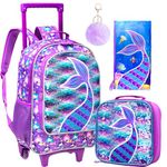 3PCS Rolling Backpack for Girls, Kids Roller Wheels Bookbag, Wheeled School Bag with Lunch Bag - Mermaid