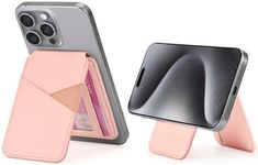 Arae Magnetic Phone Wallet, Compatible with MagSafe Wallet, for Apple iPhone 15/14/13/12 Series, Adjustable Stand with 4 Card Holder,RFID Blocking, PU Leather, Pink, Minimalist